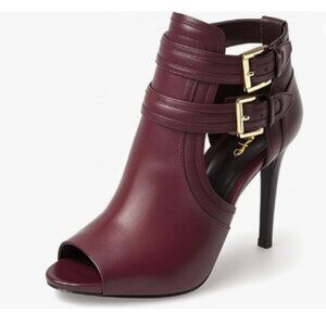 XYD Maroon Peep Toe Sandal Ankle Booties Dual Buckled Straps Stiletto Heels Shoe